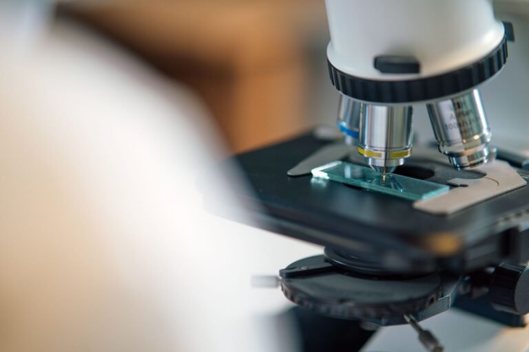 Talcum powder lawsuit: close-up of a glass slide on a laboratory microscope
