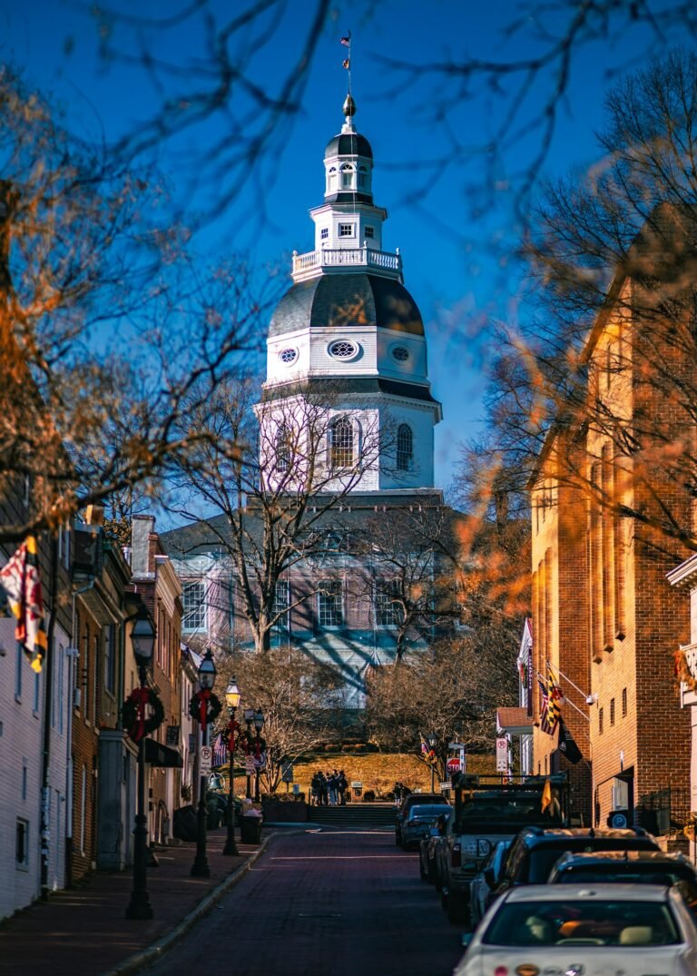 Maryland sex abuse lawsuit: maryland State House dome rising above a street in Annapolis