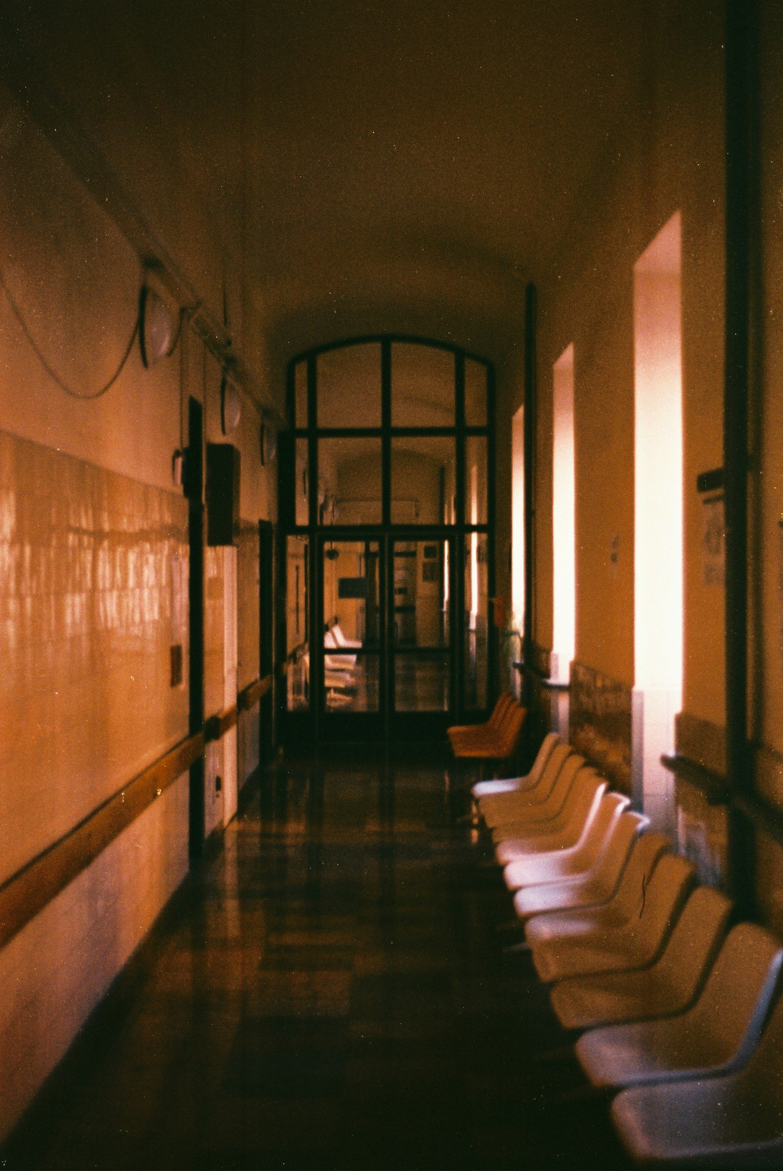 Northwell sleep center recording victims: empty hospital waiting hallway with rows of chairs