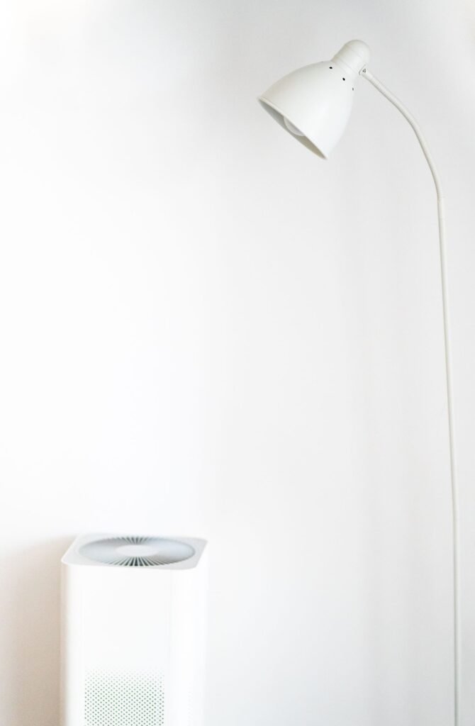 Wildfire smoke and ash health risks: portable air purifier next to a floor lamp in a clean, minimal room