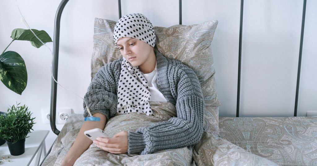 Woman resting at home during chemotherapy with an implanted port