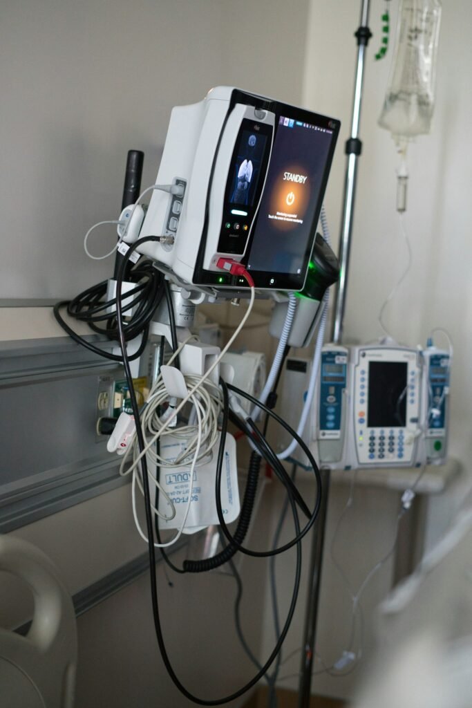 Medical equipment and monitors in a hospital room