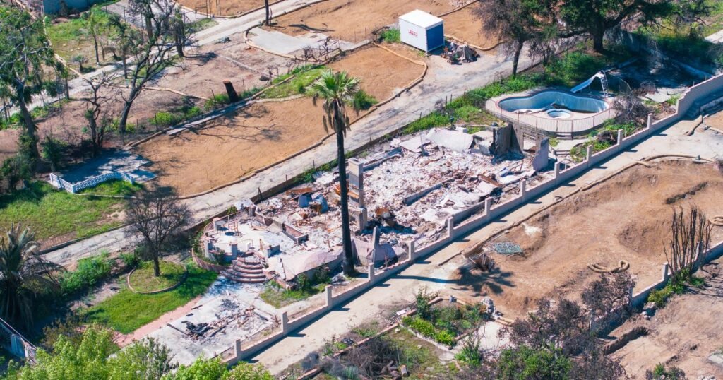 Aerial view of homes destroyed by a California wildfire in Altadena