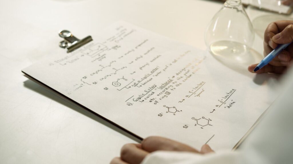 Handwritten notes and formulas on a clipboard in a laboratory