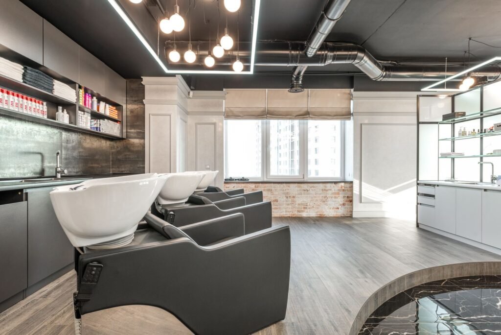 Salon backwash sinks and chairs, a workplace at the center of a hair relaxer lawsuit for salon workers