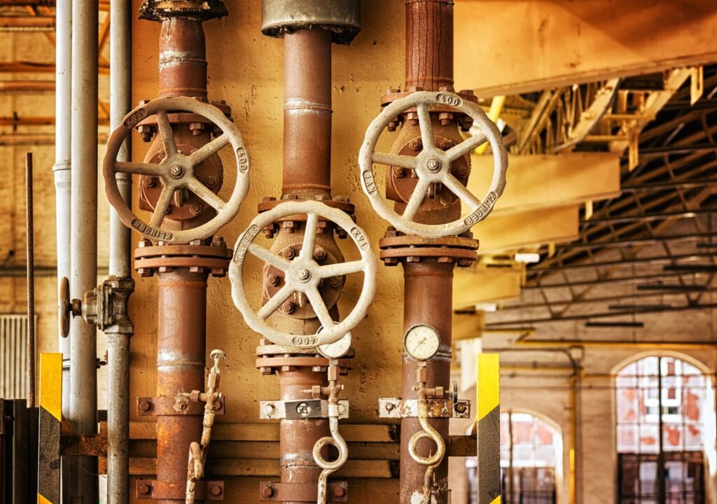 Rusty industrial pipes and valves in an aging plant, a setting linked to mesothelioma compensation claims