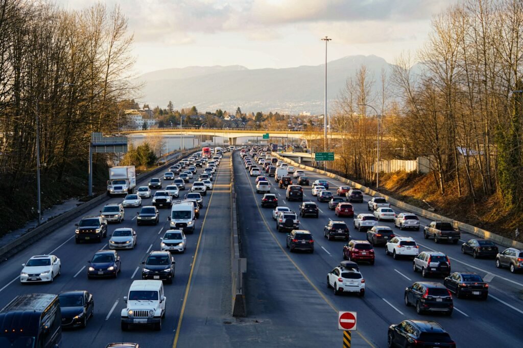 Aerial view of a congested multi-lane highway during rush hour traffic