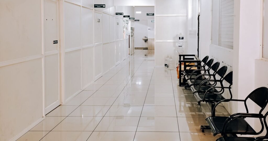 Empty hospital corridor with waiting chairs, illustrating a Northwell privacy lawsuit over a sleep center
