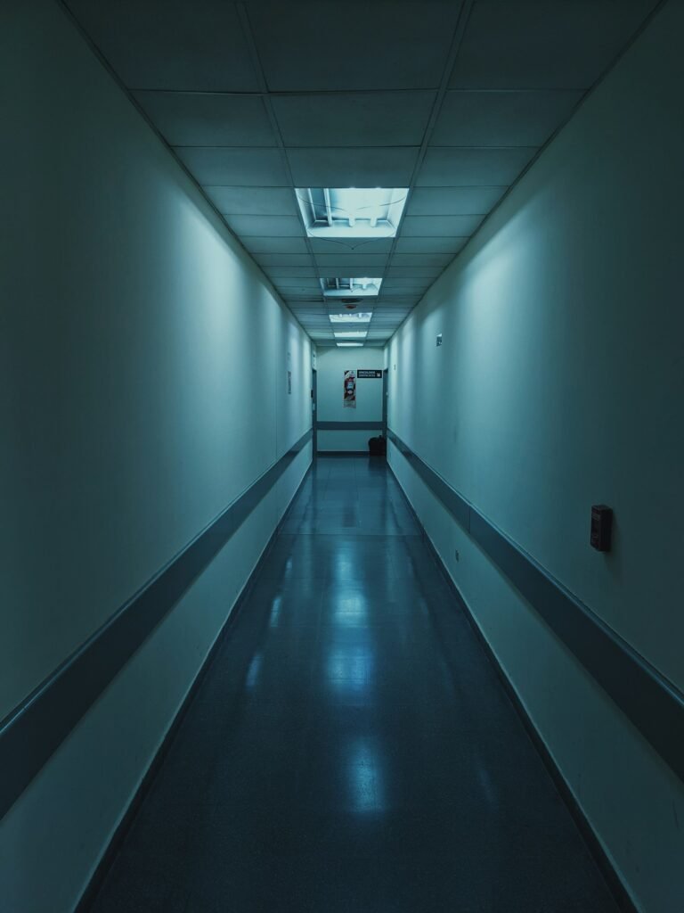 Quiet white hospital hallway, the kind of setting many Northwell sleep center recording victims now find hard to enter