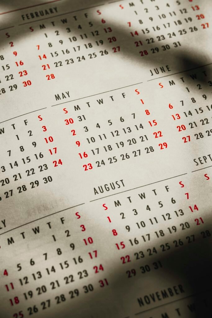 Close-up of a calendar on a table, used to map dates from Depo-Provera injection records