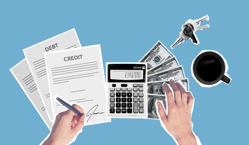 Overhead view of a hand signing talc settlement style agreement papers beside a calculator and cash