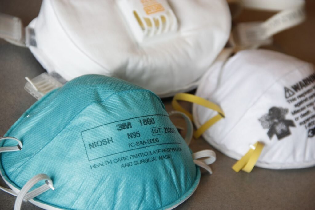 Close-up of N95 respirators, the kind of mask health agencies suggest to lower wildfire smoke and ash health risks