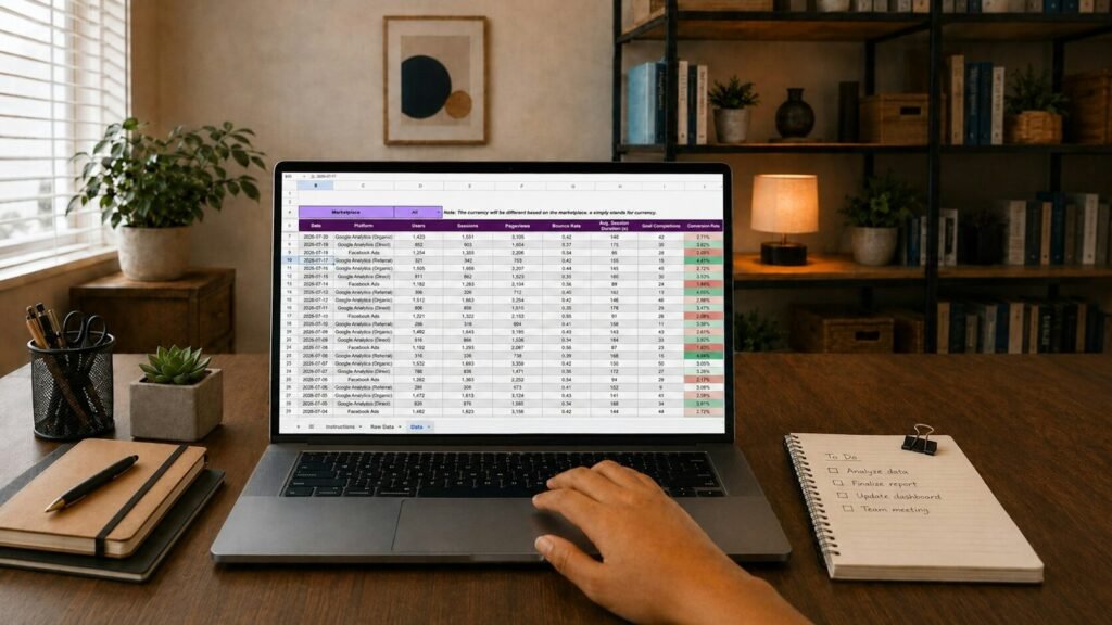 Hand using a laptop with a spreadsheet open, the kind of master list used for wildfire loss documentation